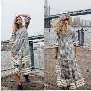 Piper & Scoot Exclusive Boho Fringe Midi Dress Black Cream Floral Print Small